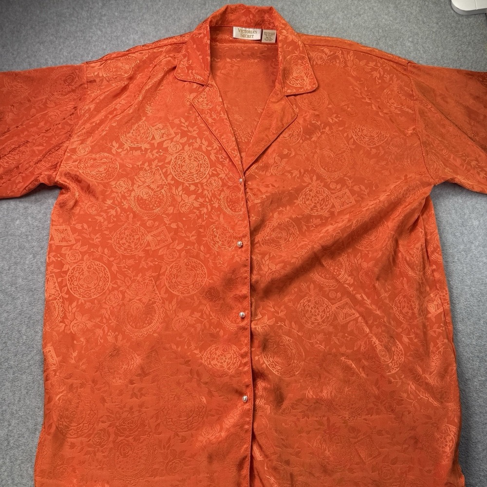 Vintage Victoria's Secret Satin Shirt M/L Orange Jacquard PJ Top Gold Label Y2K